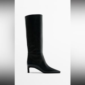 Massimo Dutti Low Heel Knee High Black Leather Boots
